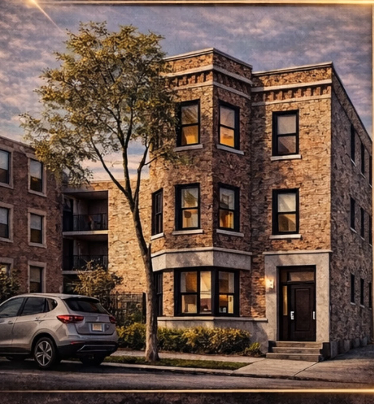 Architectural rendering from the supplied property brochure showing the brick apartment building